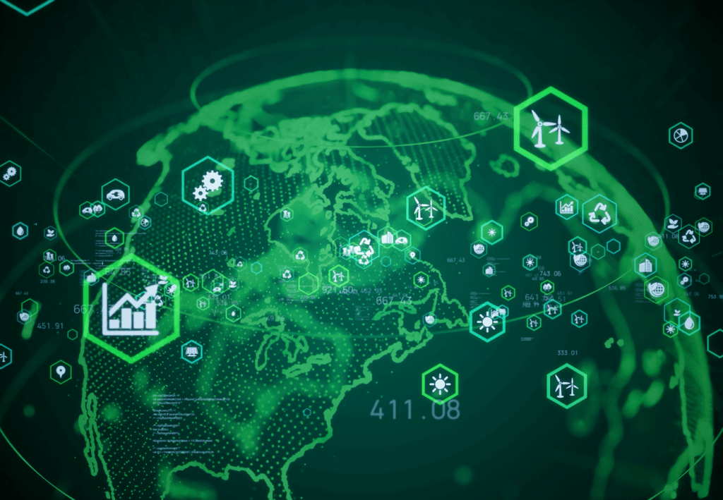 Graphic image of a green globe with various icons representing green business and technology