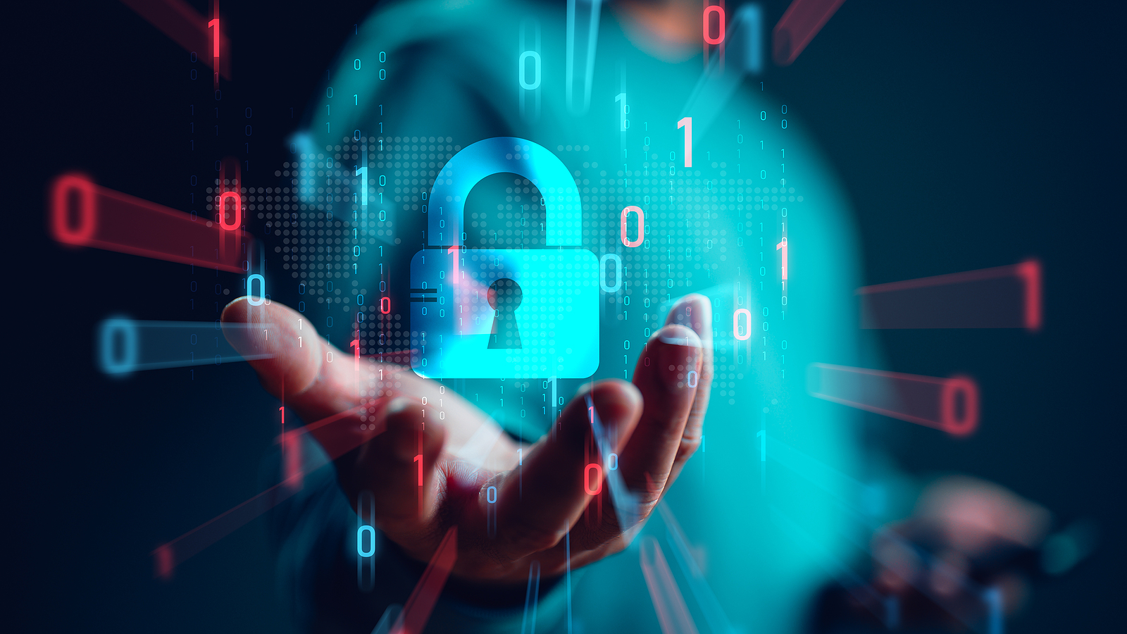 Graphic image of a person holding a security graphic illustrating a padlock
