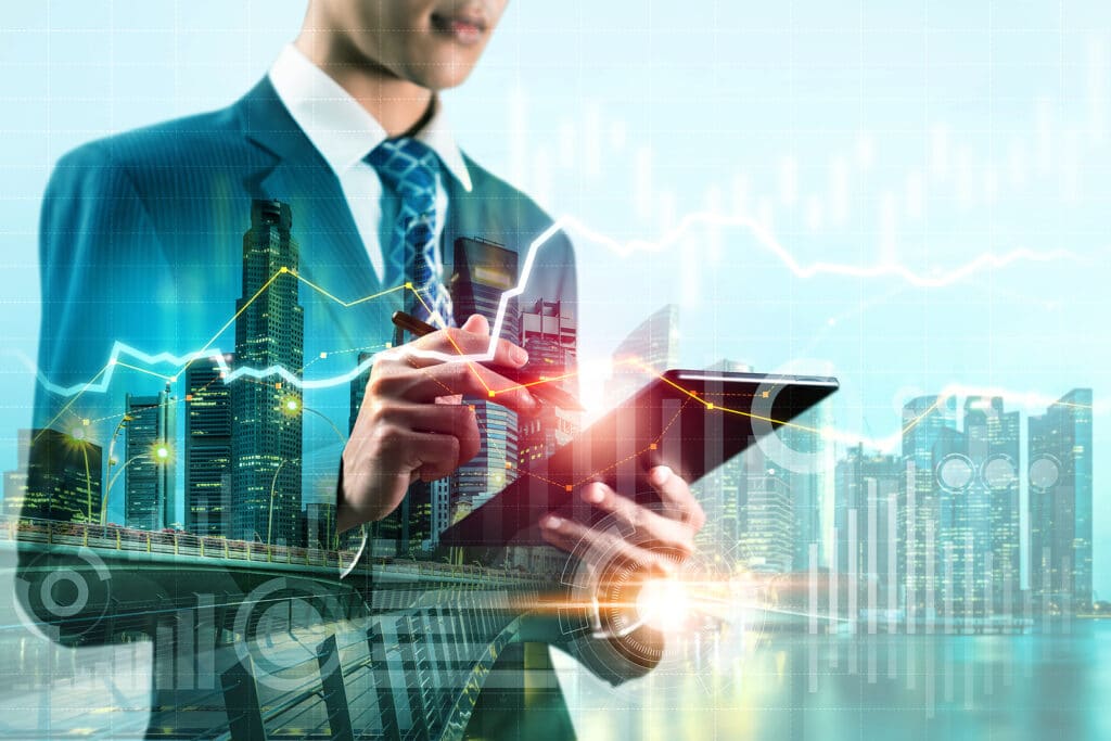 Image of a financial professional with a graphic overlay illustrating technology