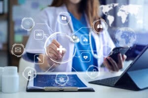 Medicine doctor using digital tablet and smartphone diagnose virtual electronic medical record on interface.Digital healthcare and network on virtual screen medical technology