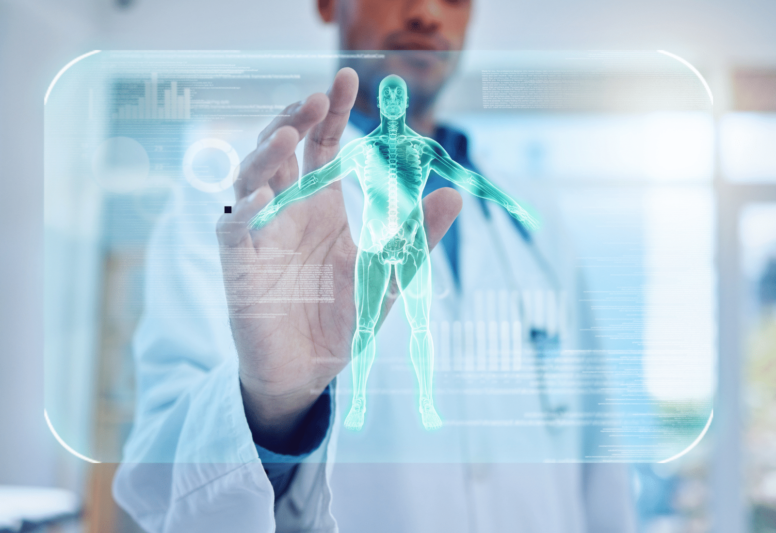 Image of a doctor with a graphic overlay representing medical technology