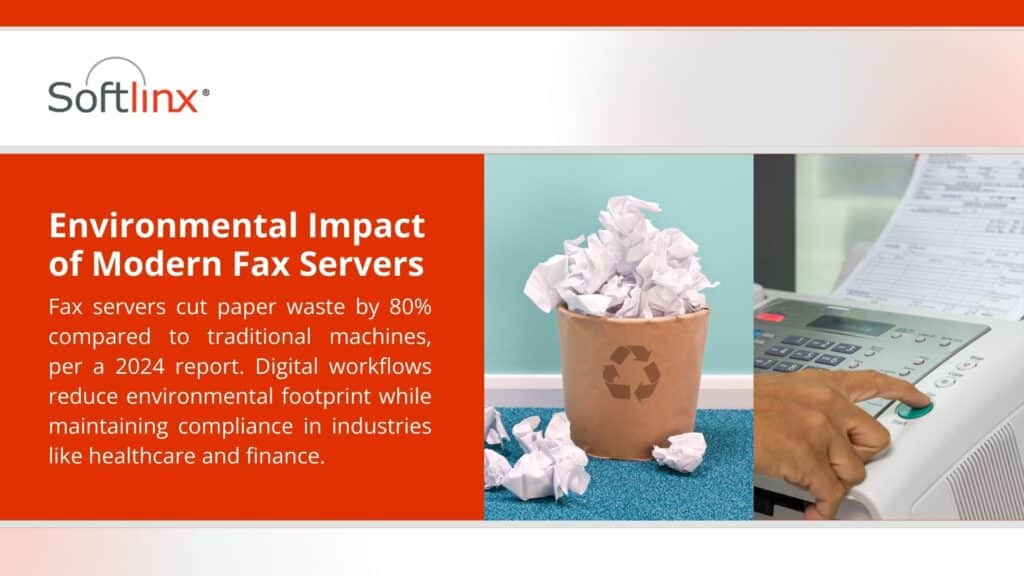 Hand using fax machine with paper waste in a recycle bin, text noting fax servers cut paper waste by 80% per a 2024 report, with digital workflows reducing environmental footprint in healthcare and finance.