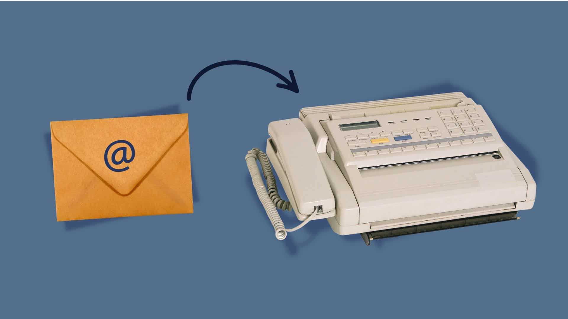 Image of an envelope with an email symbol transforming into a fax machine, illustrating the integration of email and fax technology on a blue background.