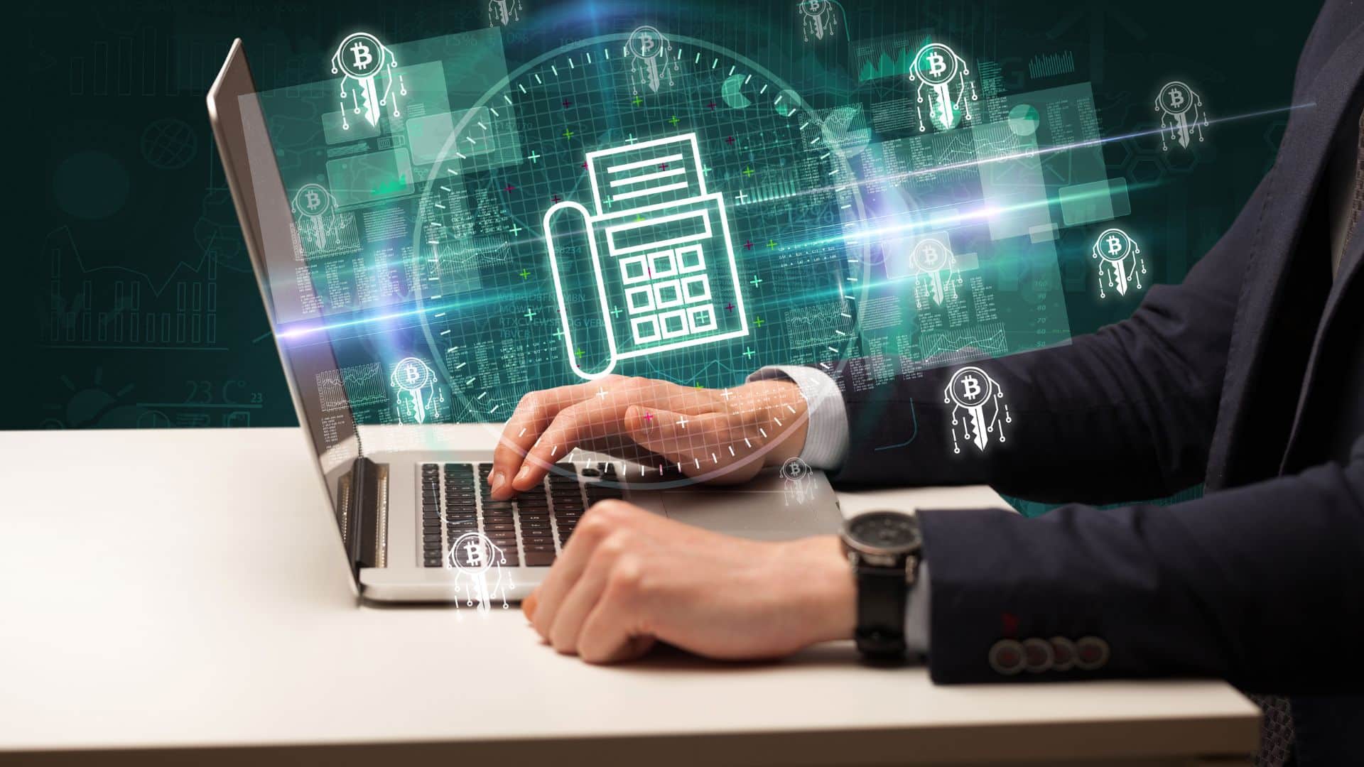 Image of a person using a laptop with a holographic fax machine icon and Bitcoin symbols, suggesting digital faxing integration with cryptocurrency technology.