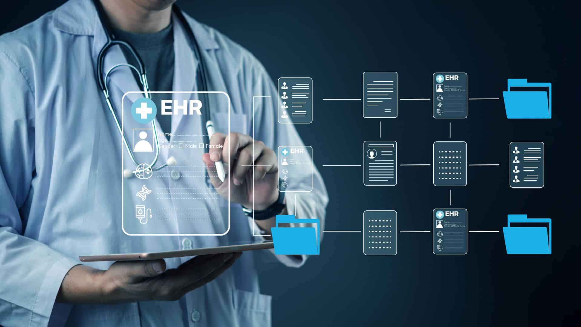 A doctor in a lab coat using a tablet with a holographic EHR interface, displaying patient data and files, emphasizing electronic health records.