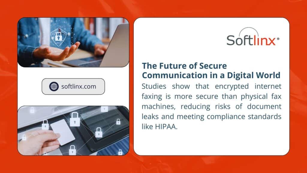 Softlinx ad on secure communication, highlighting encrypted internet faxing as more secure than physical fax machines, reducing document leaks and meeting HIPAA standards.