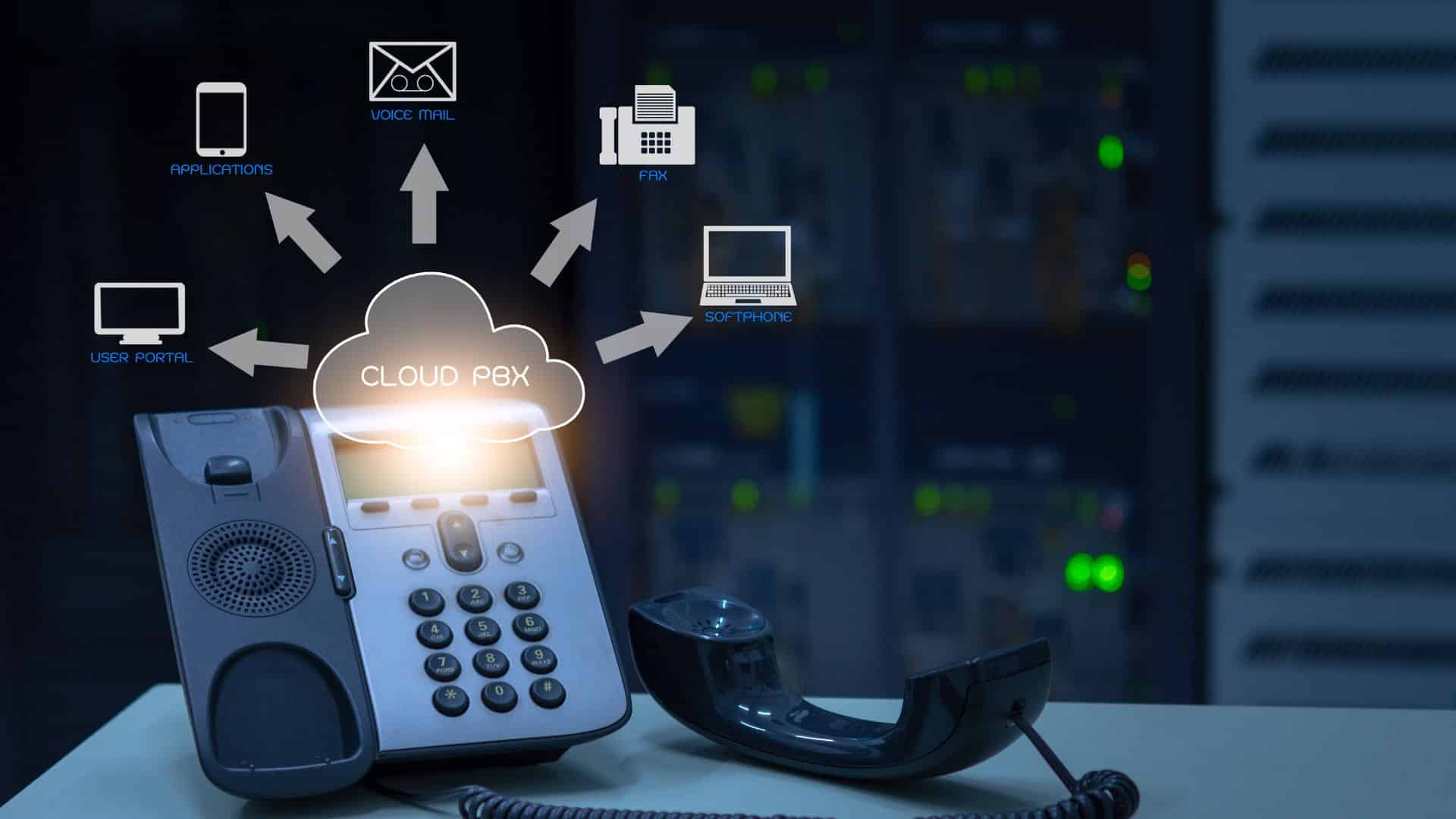 Image of a phone on a desk with a cloud PBX icon connecting to fax, voice mail, softphone, user portal, and applications, set against a server room background.