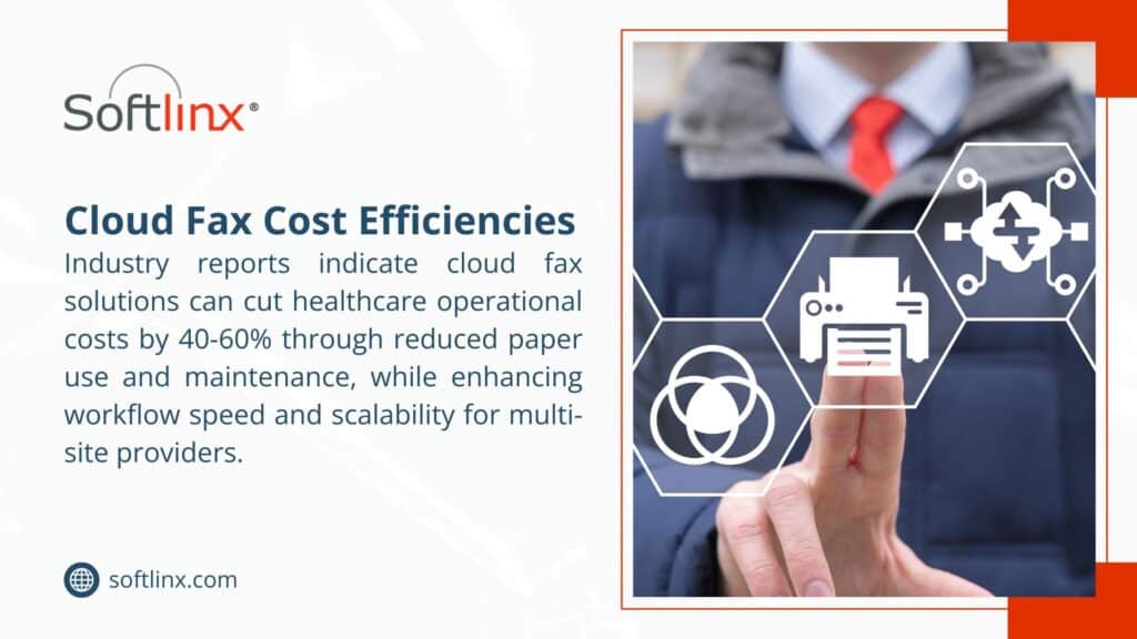 A person interacting with cloud fax icons, highlighting Softlinx's cloud fax solutions that cut healthcare costs by 40-60% and enhance workflow.