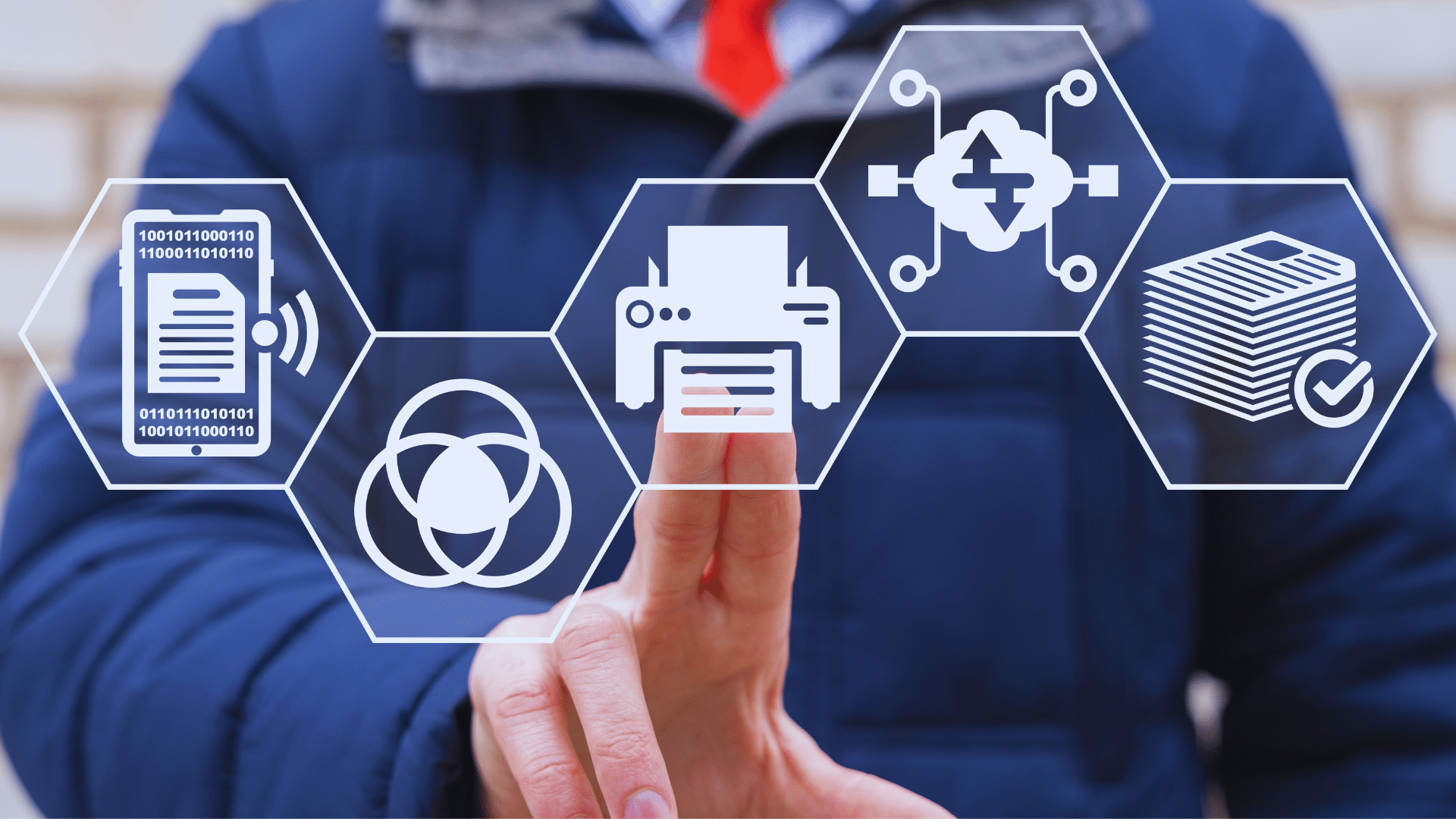 A hand pressing a button on a device, with text highlighting hidden cost savings in labor from automating fax workflows, cutting processing time by up to 50% and saving tens of thousands annually for mid-sized companies.