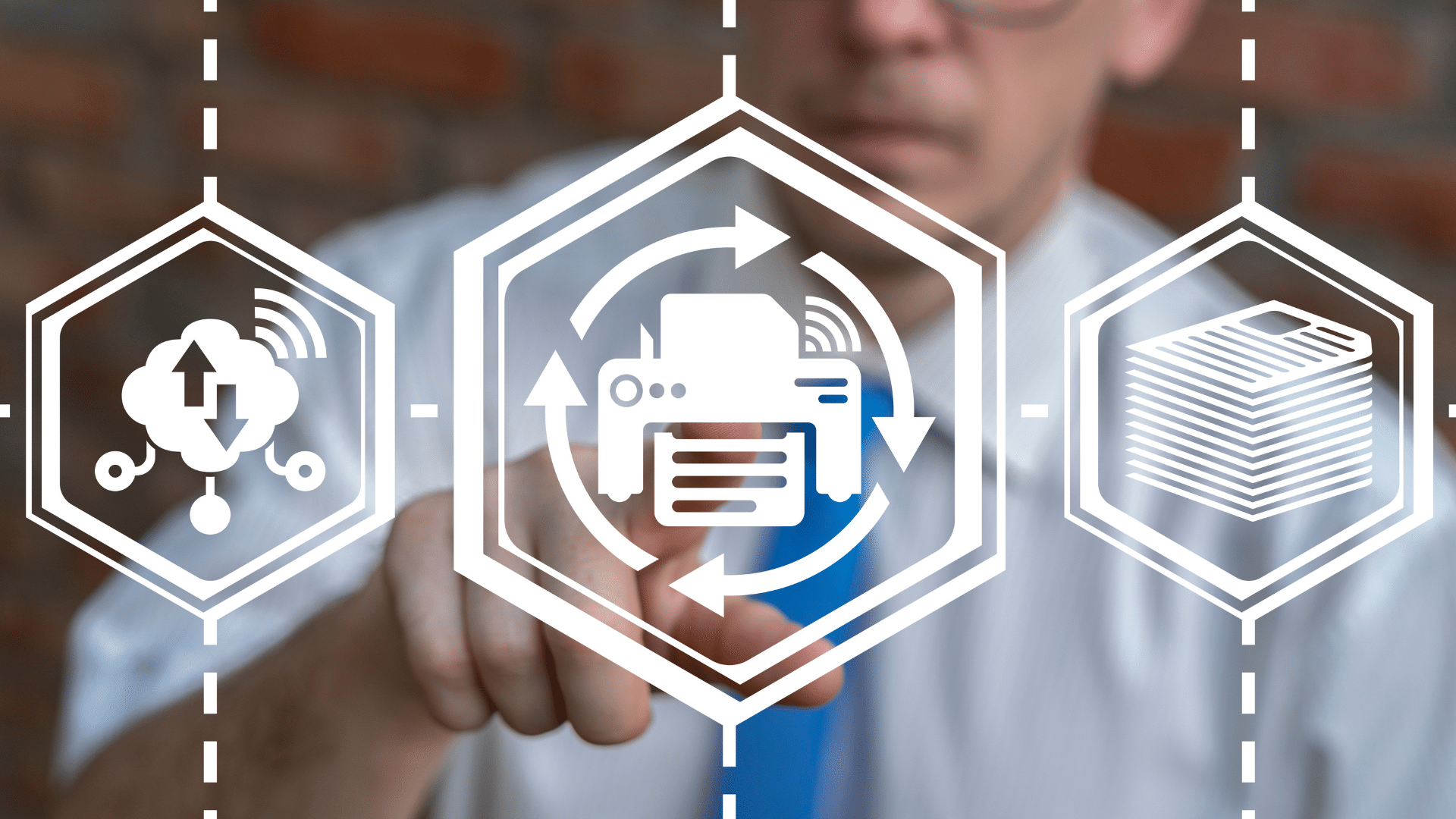 A person pointing at a holographic interface with a central printing icon, surrounded by symbols for cloud, network, and documents, representing advanced printing and data management technology.