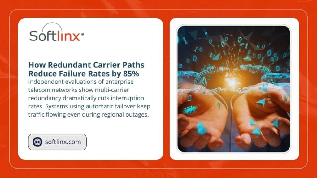 Softlinx infographic: How Redundant Carrier Paths Reduce Failure Rates by 85% – multi-carrier redundancy with automatic failover ensures uptime.