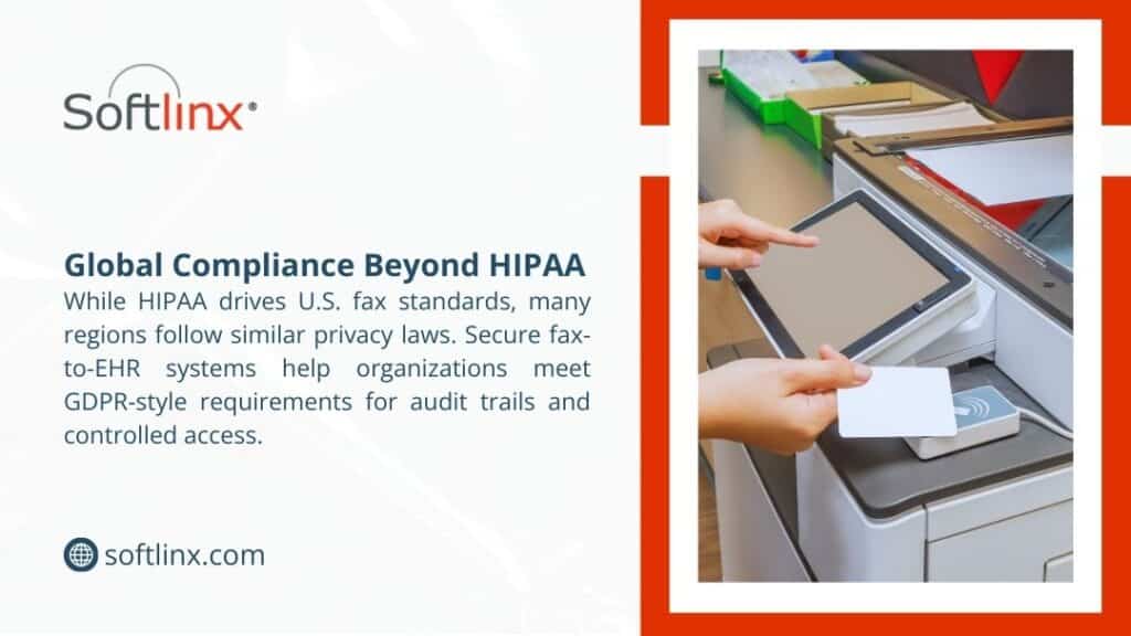 Global compliance beyond HIPAA showing secure fax-to-EHR systems meeting GDPR-style requirements for audit trails and access control