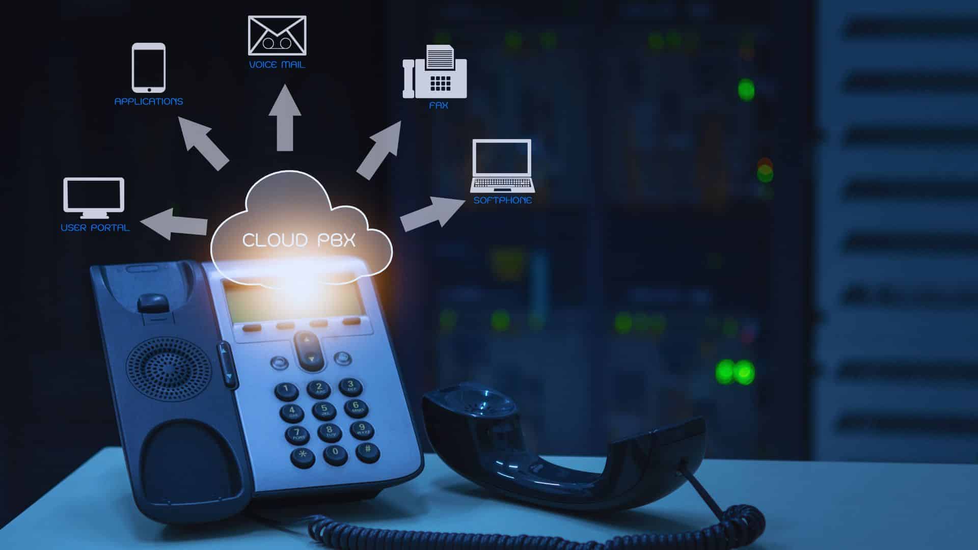 Cloud PBX: Desk phone with glowing cloud icon connecting to softphone, fax, voicemail, apps & user portal. Unified communications in one secure platform.