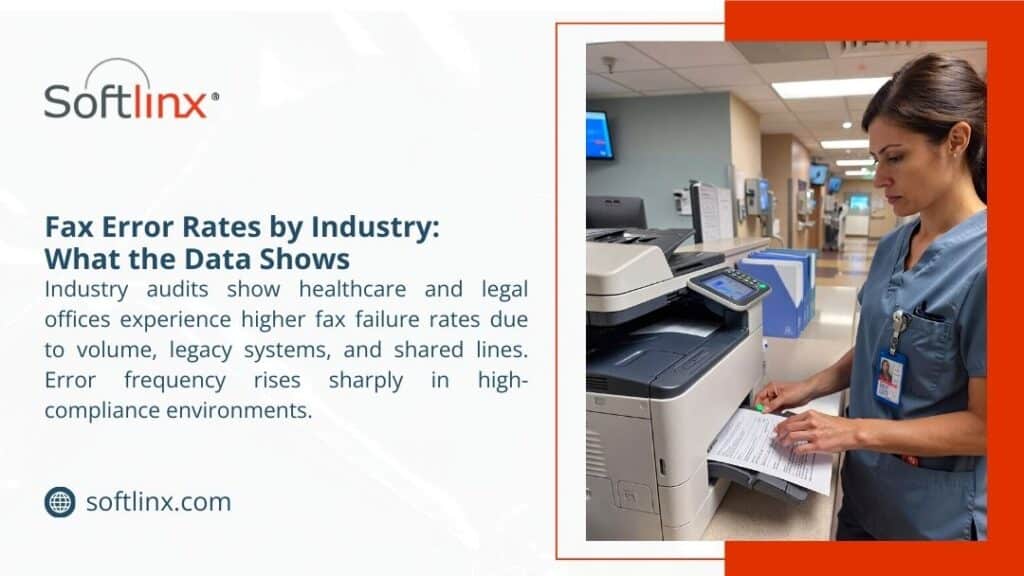 How to Reduce Fax Errors - Healthcare worker using multifunction printer and fax machine in hospital; infographic about fax error rates by industry by Softlinx.