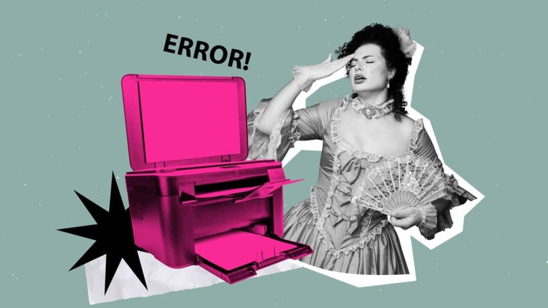 Woman in vintage dress with fan frustrated by pink printer error; pop art collage illustration about printer problems.