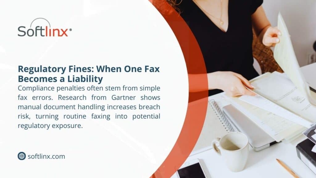 Professional reviewing paper documents at desk with notebooks, showing regulatory fines when one fax becomes a liability through manual handling compliance risks.