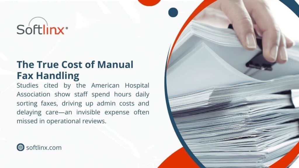 Hand sorting through large stack of paper documents, illustrating the true cost of manual fax handling with staff spending hours daily on administrative tasks.
Show less
