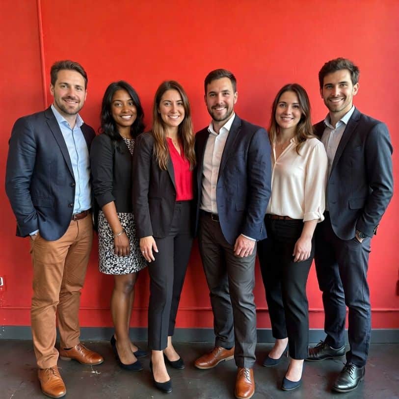 This is a group photo showing six professionals—three men and three women—standing in front of a red wall. They are all dressed in business casual or professional attire.