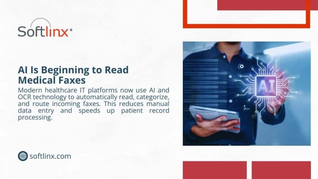 Person holding a tablet with a glowing AI chip graphic, representing how AI and OCR technology are beginning to automatically read and route medical faxes.
