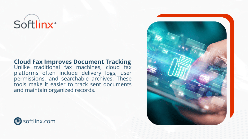 Hands holding a tablet with floating digital data icons, illustrating how cloud fax improves document tracking with logs and searchable archives.