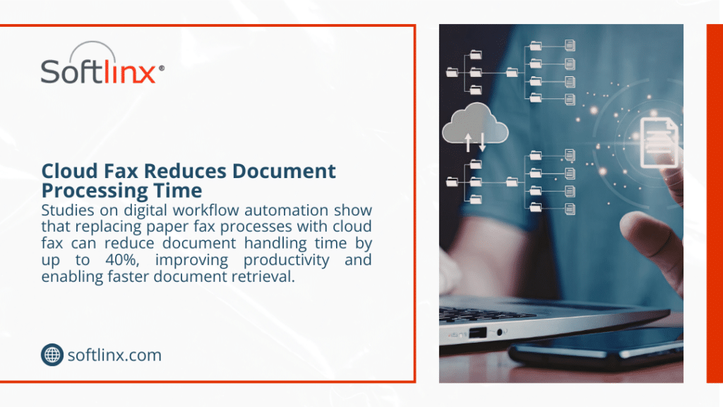 Person at a laptop interacting with a digital cloud file system, showing how cloud fax reduces document processing time by up to 40%.