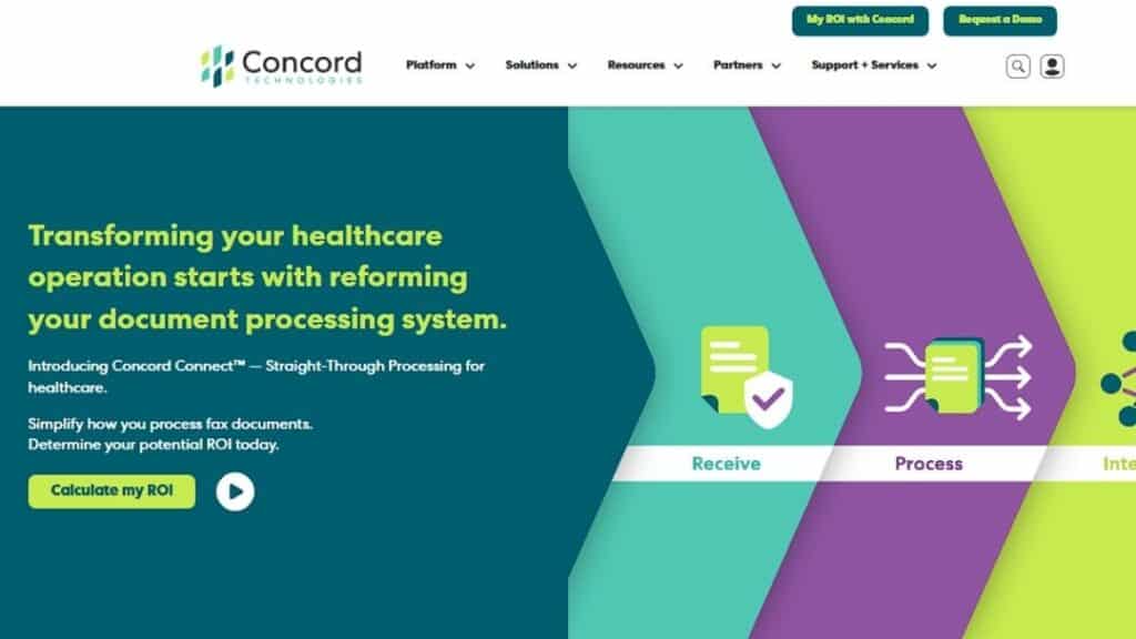 Concord Technologies homepage promoting healthcare document processing transformation with Concord Connect straight-through fax processing system and ROI calculator.