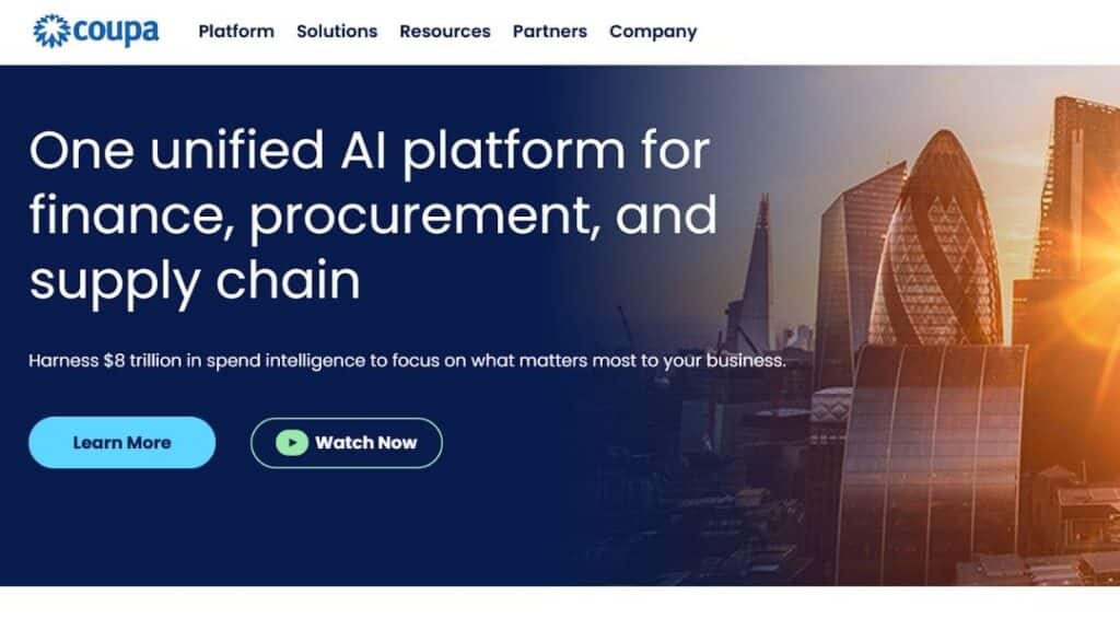 Coupa unified AI platform for finance, procurement, and supply chain management leveraging spend intelligence and automation