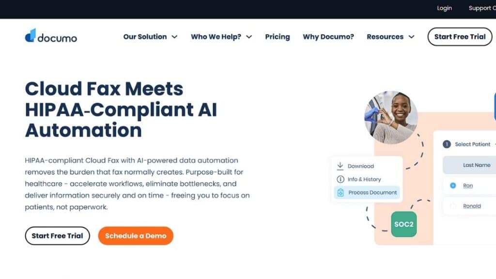 Documo cloud fax meets HIPAA-compliant AI automation webpage promoting healthcare fax solution with AI-powered data automation to accelerate workflows