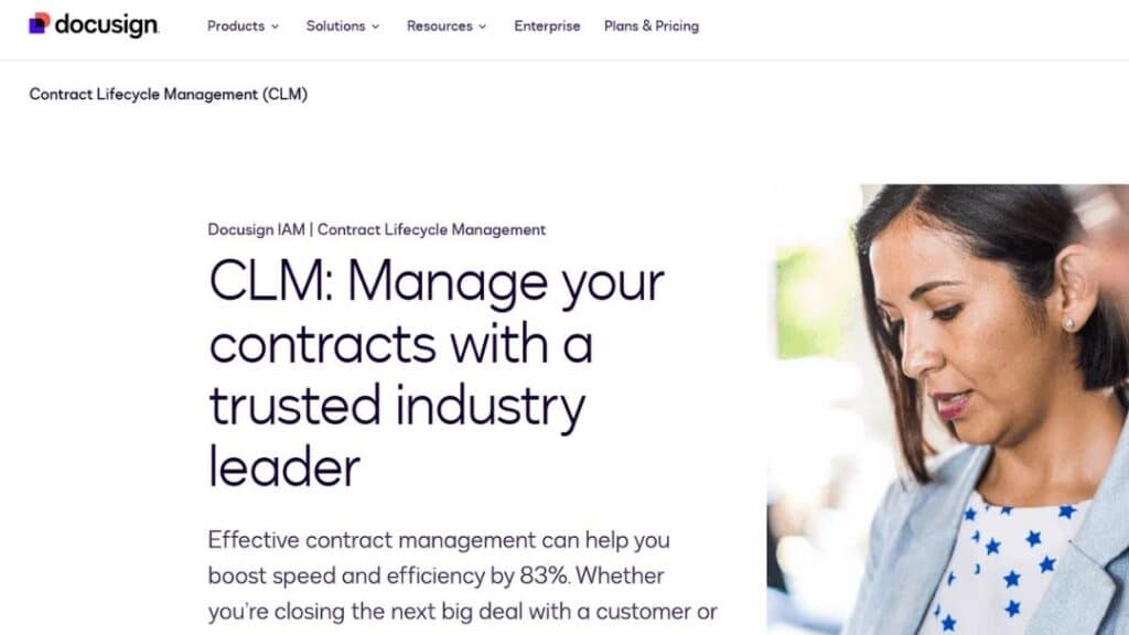 Woman using DocuSign CLM contract lifecycle management platform to manage and streamline business contracts efficiently