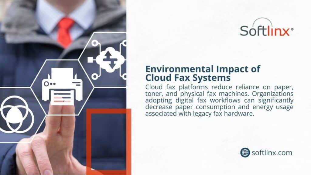Person touching a digital fax icon on a virtual interface, illustrating the environmental impact of cloud fax systems reducing paper and energy consumption.