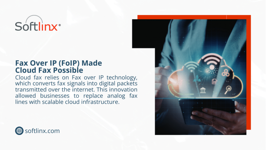 Person holding a tablet with a glowing cloud and connectivity icons, illustrating how Fax Over IP technology made cloud fax possible.