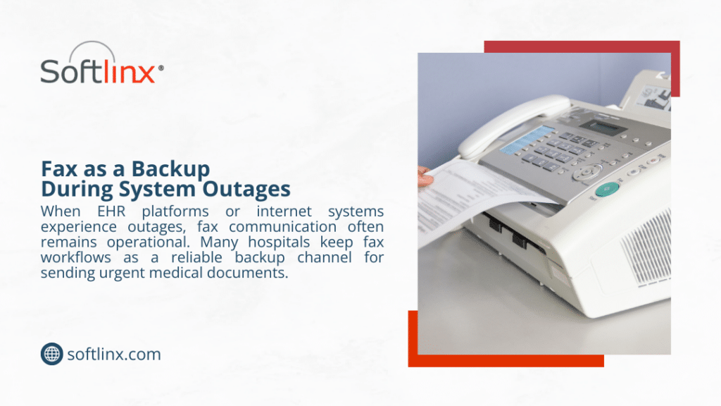 Hand feeding a document into an office fax machine, illustrating how fax serves as a reliable backup communication channel during EHR system outages.