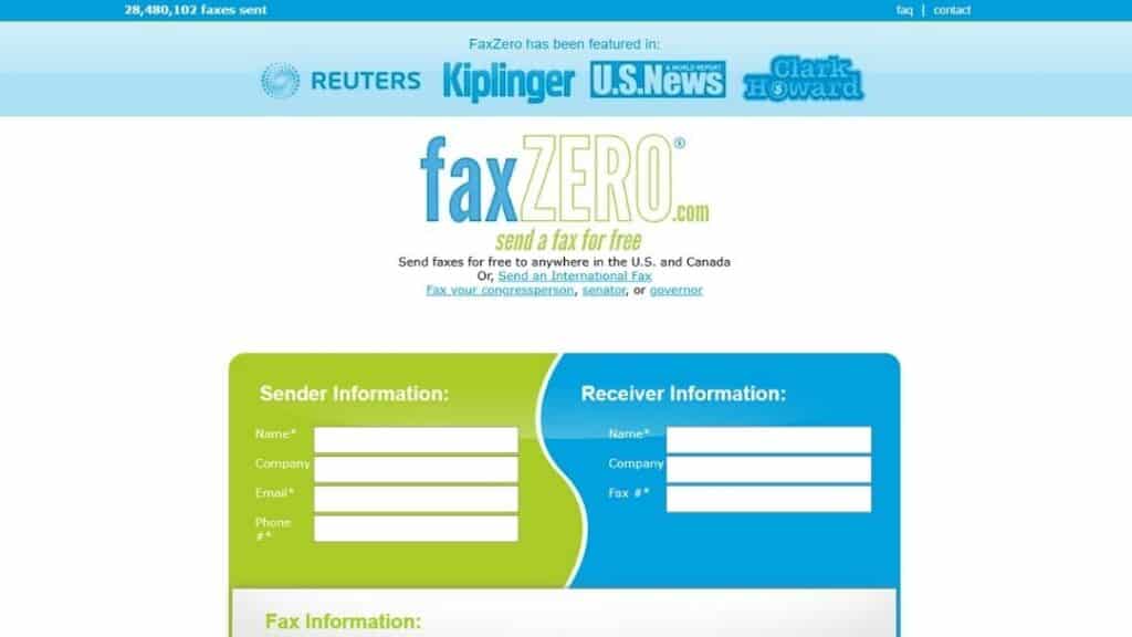 FaxZero free online fax service form allowing users to send faxes for free across U.S. and Canada