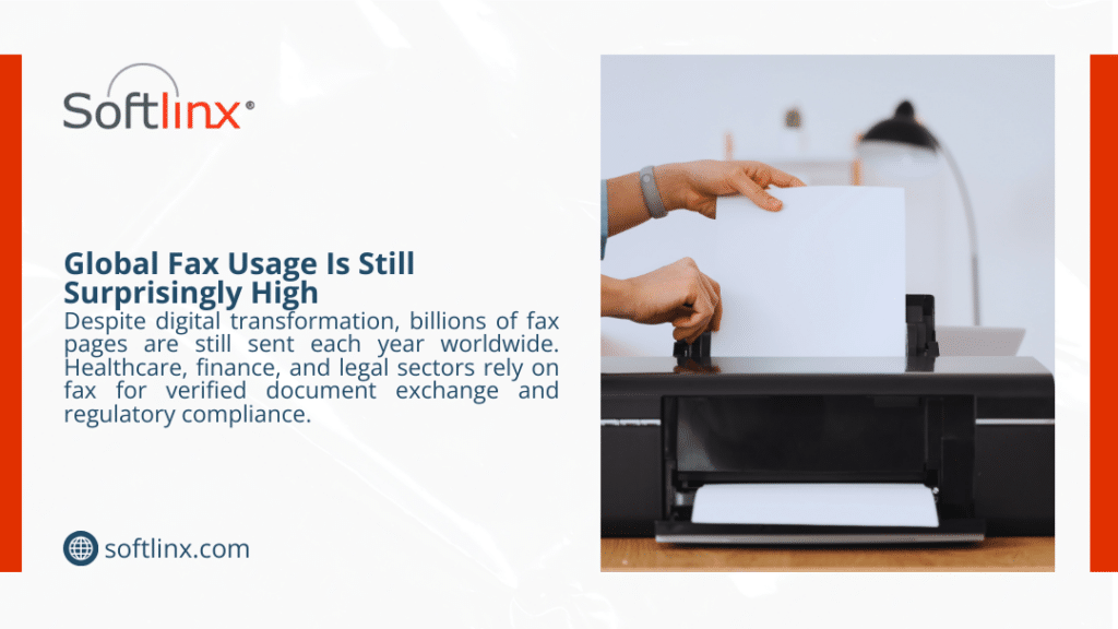 Person feeding paper into a fax machine, illustrating why global fax usage is still surprisingly high across healthcare, finance, and legal sectors.