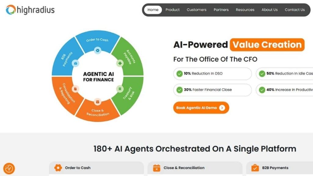 HighRadius agentic AI platform orchestrating 180+ AI agents for CFO value creation including order-to-cash and reconciliation
