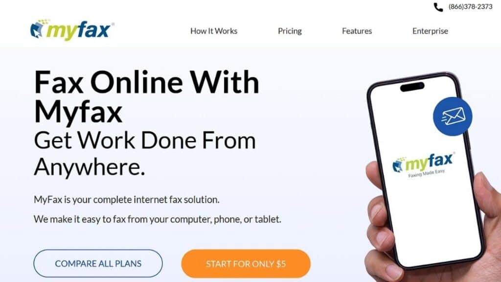Smartphone displaying MyFax app for easy online fax service accessible from computer, phone, or tablet