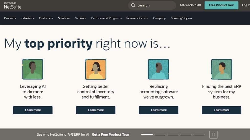 Oracle NetSuite enterprise resource planning platform showing business priorities including AI automation and inventory management