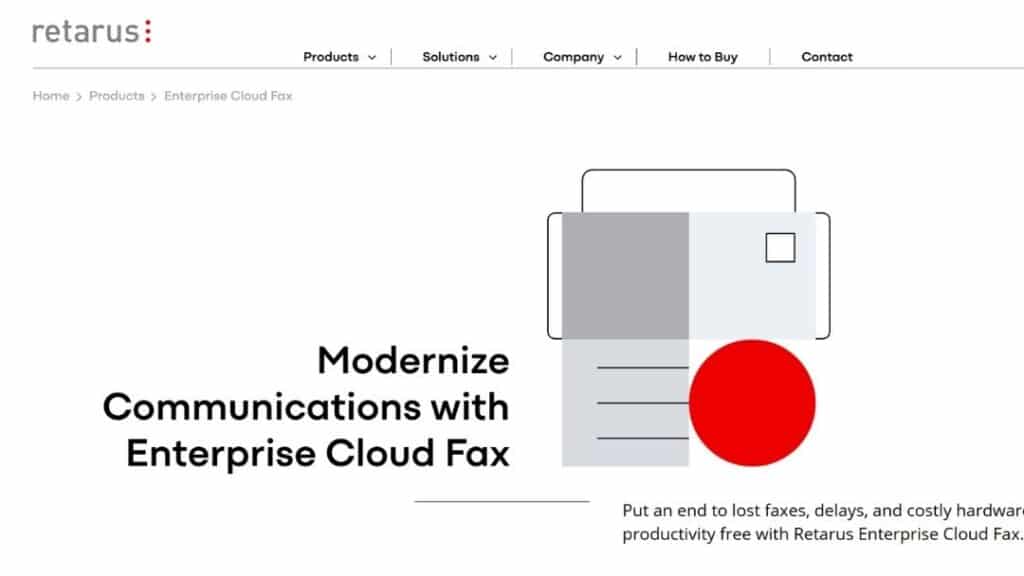 Retarus Enterprise Cloud Fax webpage promoting modernized communications to eliminate lost faxes, delays, and hardware with cloud fax solution