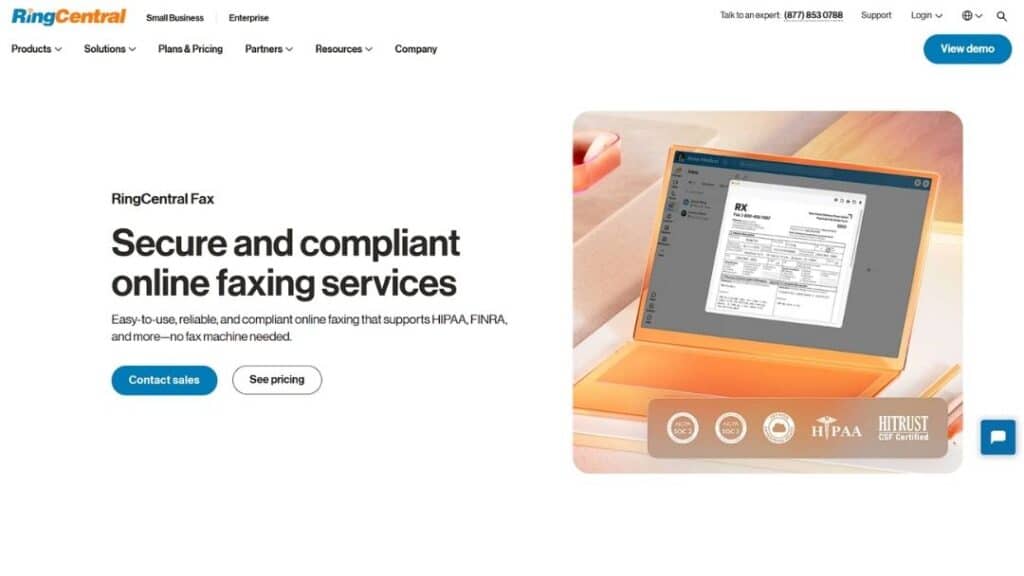 Laptop displaying RingCentral Fax secure and compliant online faxing service with HIPAA and FINRA compliance certifications
