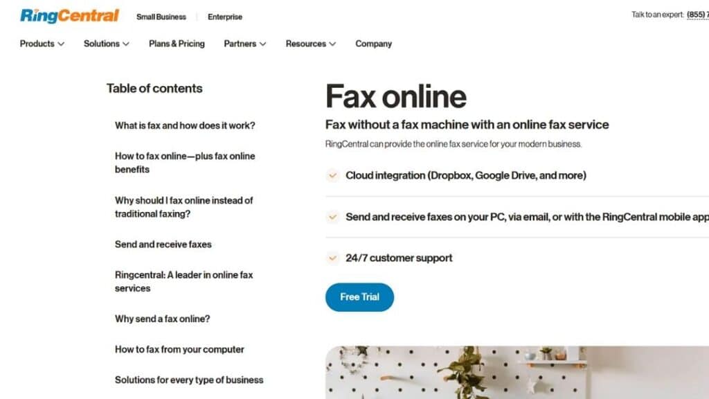 RingCentral fax online webpage promoting online fax service without fax machine, featuring cloud integration with Dropbox and Google Drive, email faxing, and 24/7 support