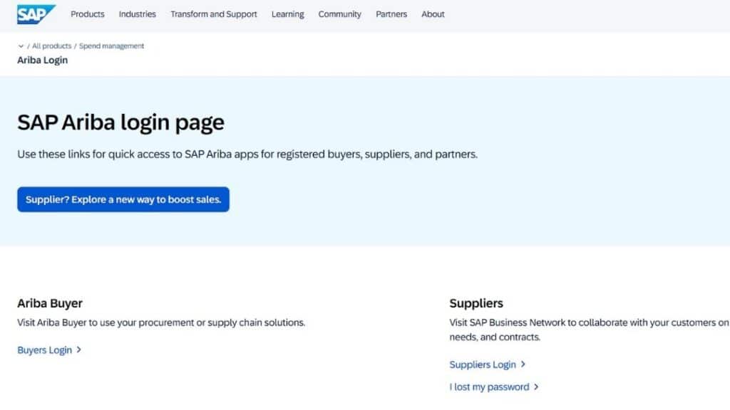 SAP Ariba login page for procurement and spend management platform connecting buyers, suppliers, and partners