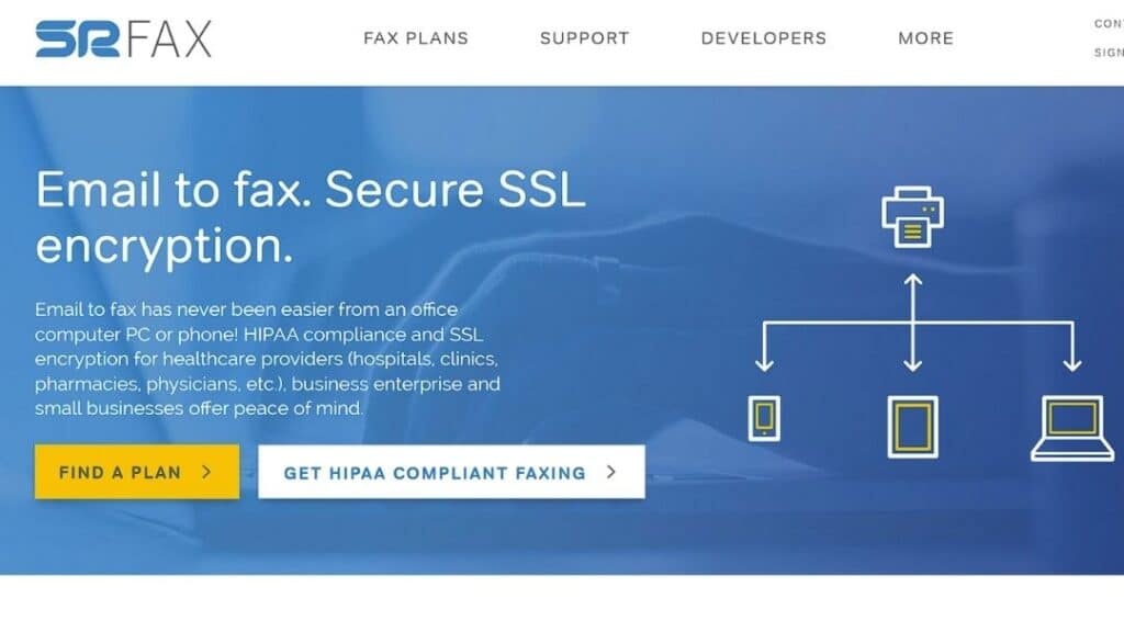 SRFax homepage promoting email to fax service with secure SSL encryption, showing HIPAA-compliant faxing for healthcare and business from office PC, phone, tablet, or computer devices