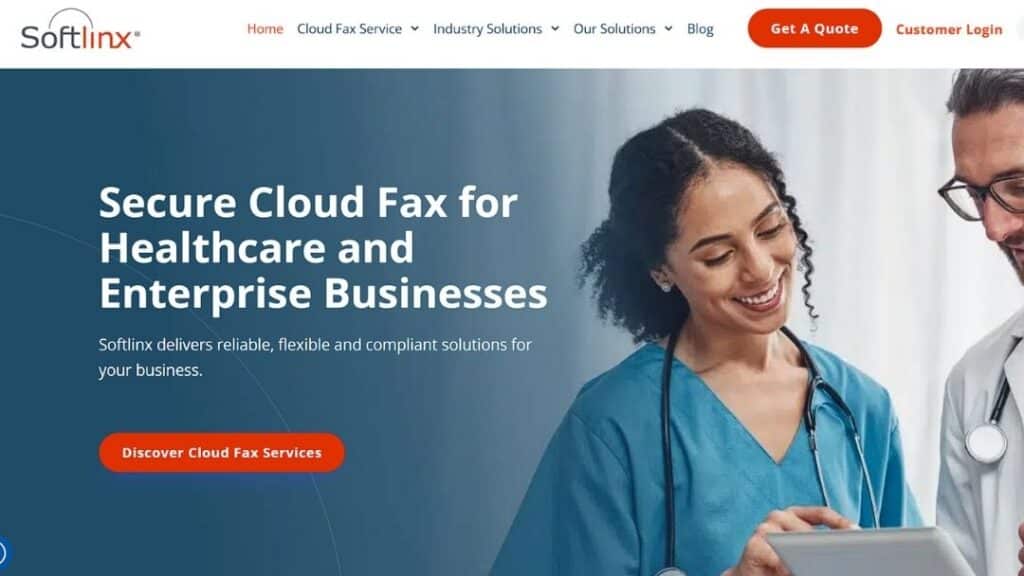 Healthcare professionals reviewing tablet with secure cloud fax technology for HIPAA-compliant medical document transmission