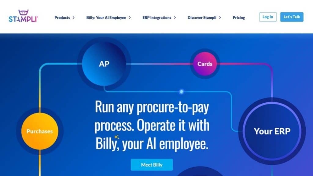 Stampli Billy AI employee automating procure-to-pay workflow connecting accounts payable, purchases, cards, and ERP systems