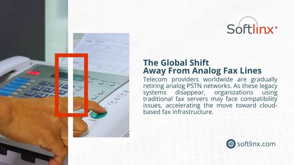 The Global Shift Away From Analog Fax Lines
Alt: Hand pressing a button on an analog fax machine, representing the global shift away from analog fax lines toward cloud-based fax infrastructure.