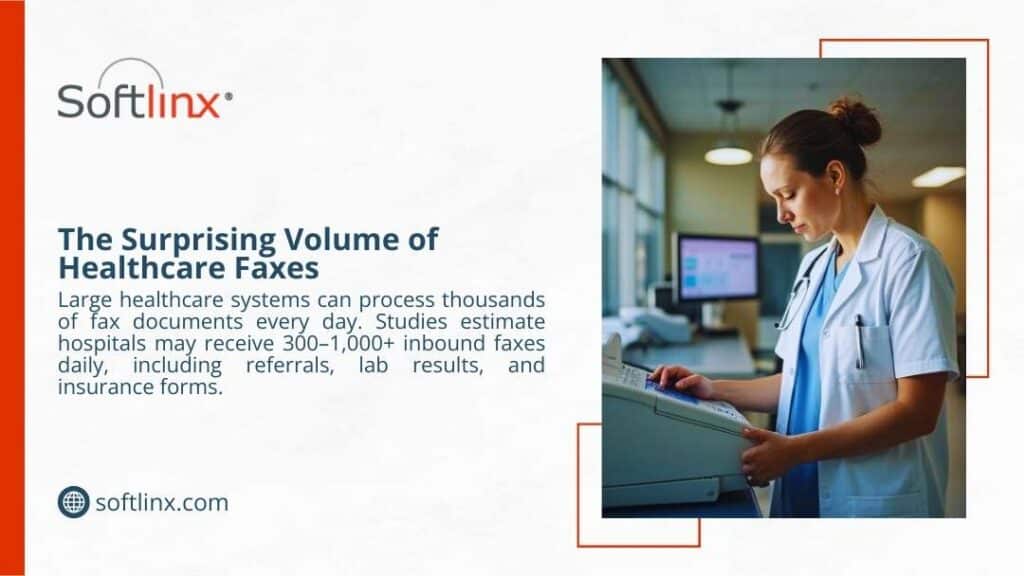 Healthcare worker in scrubs operating a fax machine in a clinical setting, highlighting the surprising volume of daily healthcare faxes processed by hospitals.