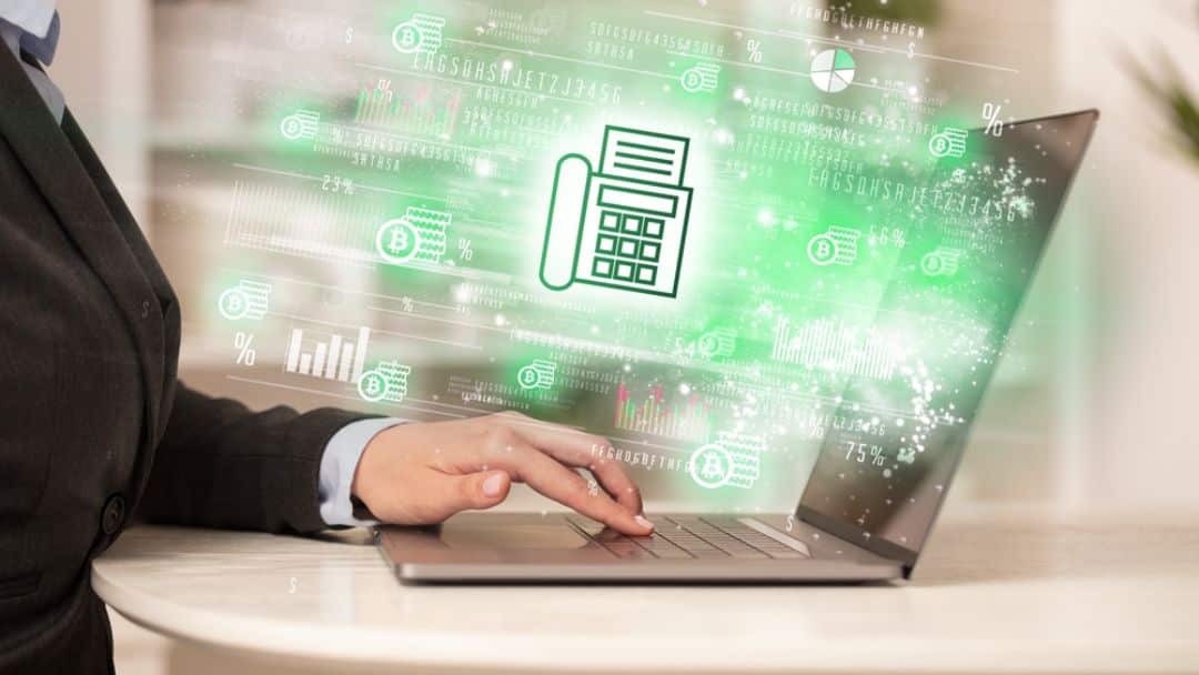 Business professional working on laptop with digital holographic display showing document management, workflow automation, and financial analytics as Esker software alternatives