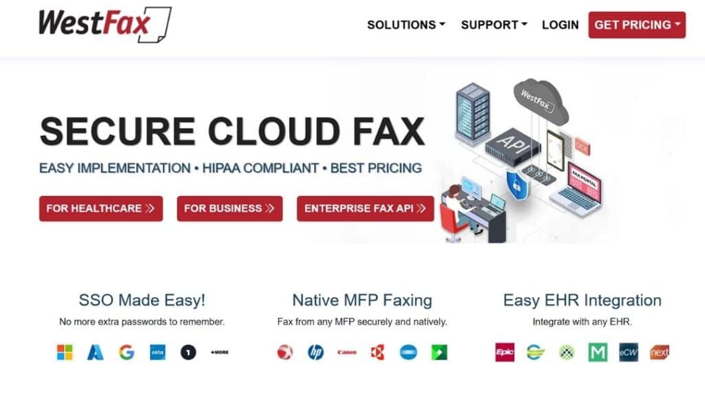 WestFax secure cloud fax homepage featuring HIPAA-compliant solution with easy implementation, SSO integration, native MFP faxing, and EHR integration.