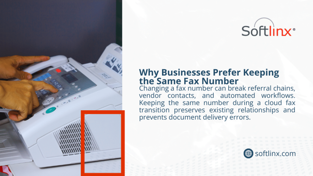 Hands operating a fax machine, illustrating why businesses prefer keeping the same fax number during a cloud fax transition.