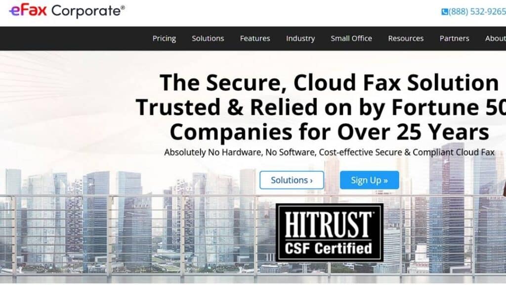 eFax Corporate homepage: Secure cloud fax solution for businesses, skyline background, Fortune 500 trusted, HITRUST certified, no hardware needed